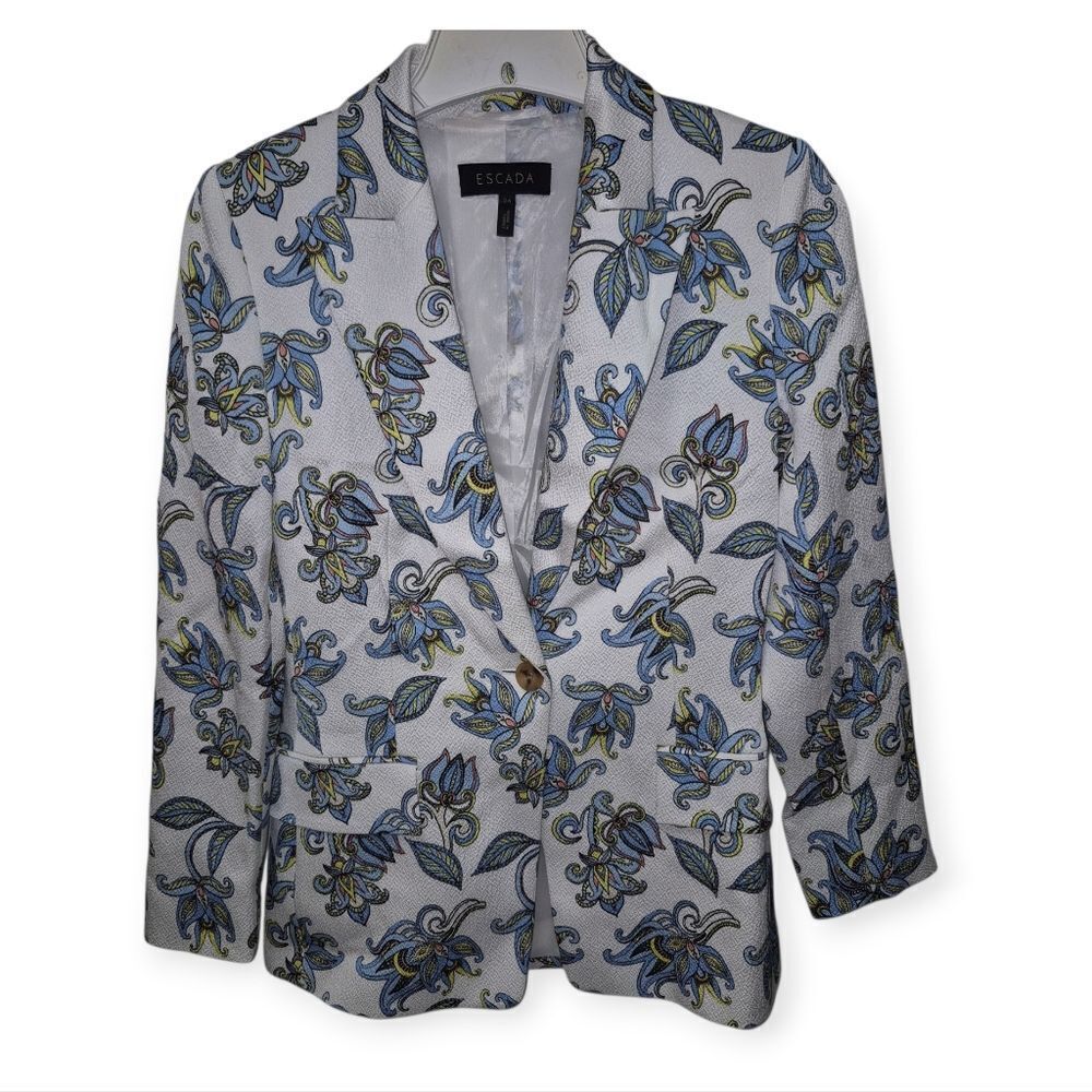 Escada Floral Paisley White and Blue Women's Blazer Size 34 Or Size 4